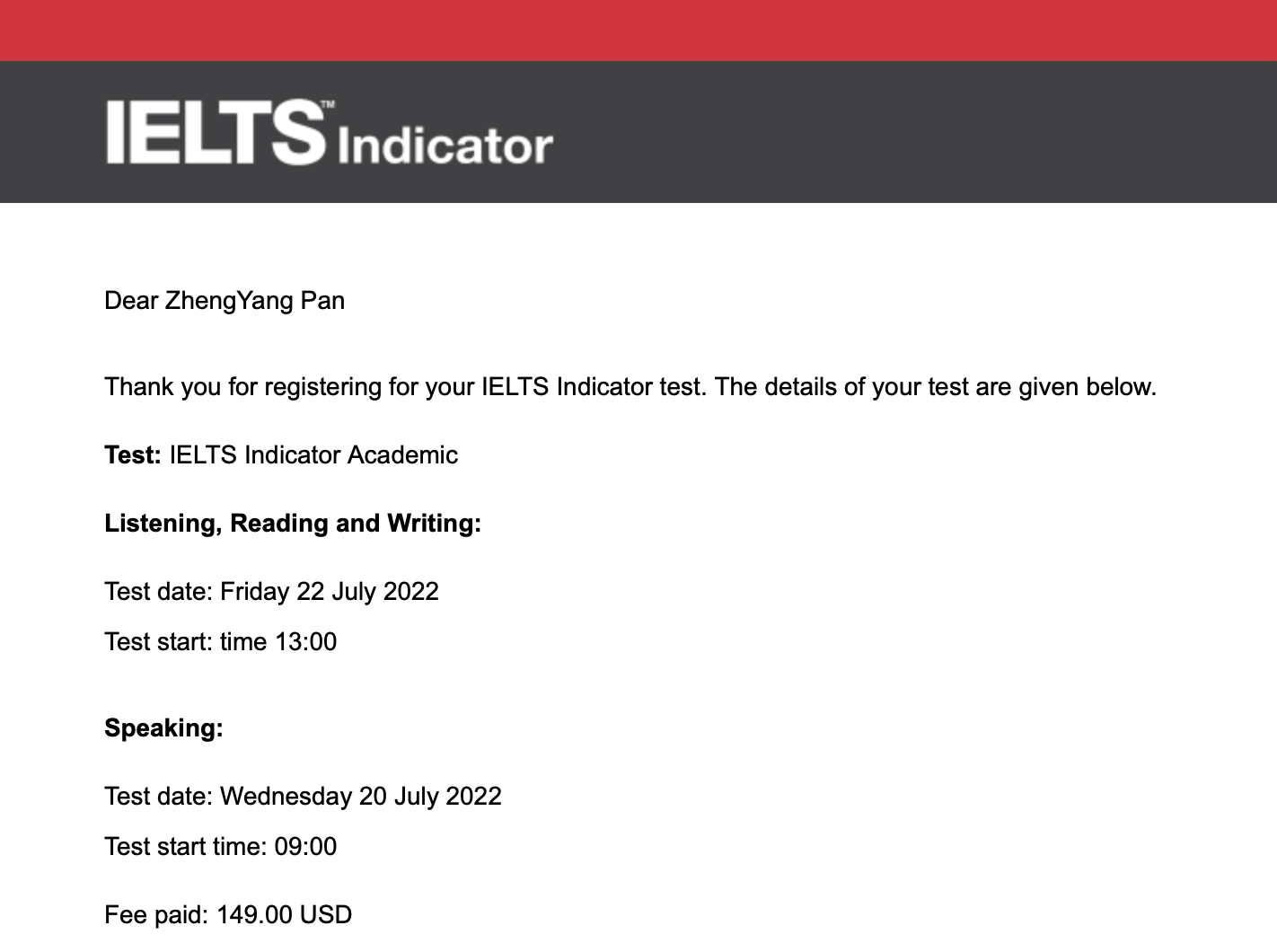 IELTS Booking Mail